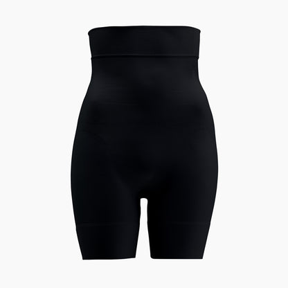 Front view of women’s black high-waist mid-thigh shapewear short on mannequin